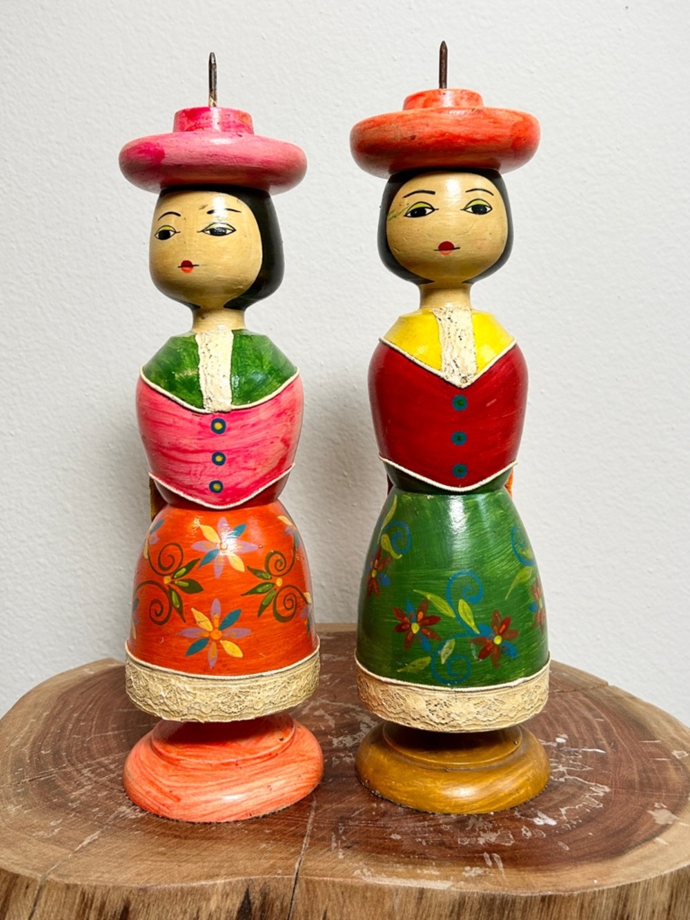 VTG 1970s Handmade Mexican Wooden Candle Stick Holders Rainbow Dolls Set of 2